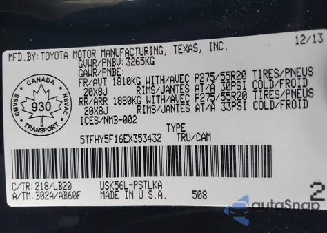 2014 Toyota Tundra Limited 5.7L V8 z USA, uszkodzony, nr VIN 5TFHY5F16EX353432